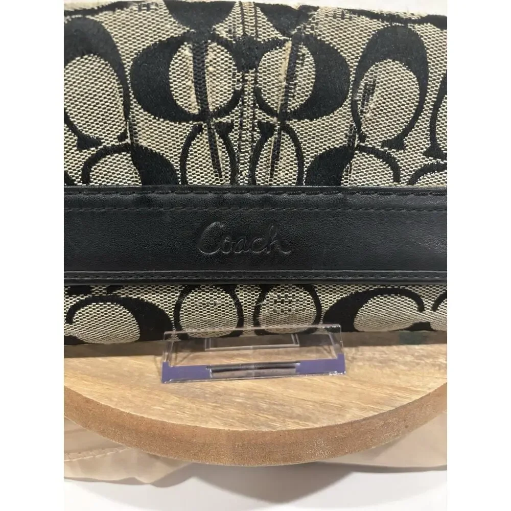 Coach Signature Black & Khaki Jacquard Trifold Wallet Checkbook Organizer